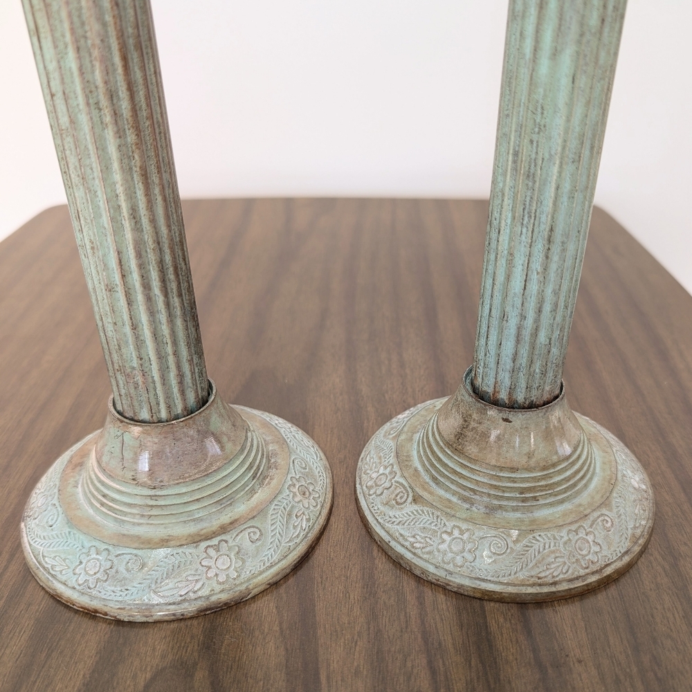 Vintage 1970s Greecian Roman Piller Style Metal Patina Tall Candle Holder Pair - Picture 6 of 7